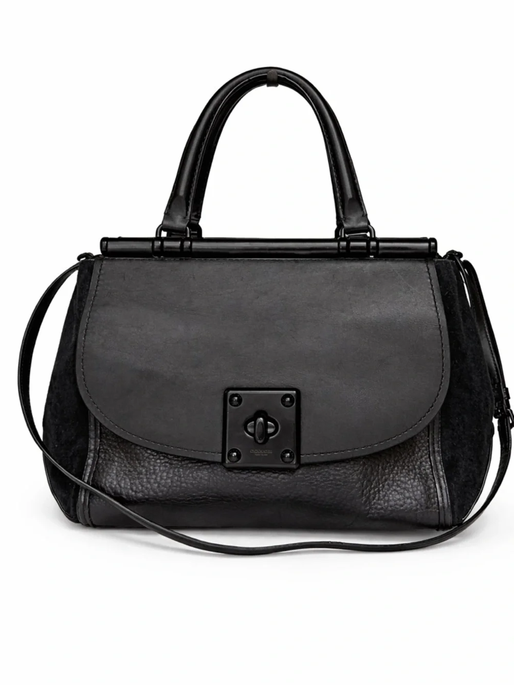 Coach Black Leather & Suede Satchel Top Handle Bag Turnlock Crossbody Purse